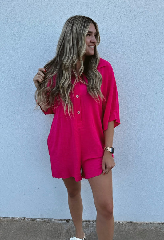 Pink Button-Up Collared Romper With Pockets